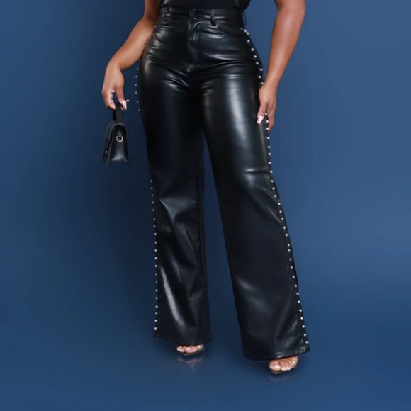Swank A Posh Pants - Black Sides Pearled Lined Wide Leg High-Waisted Faux Leather Pants